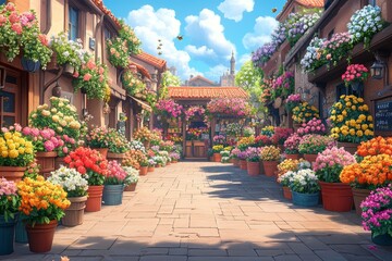 Flower-filled street, sunny day, Italian town, background castle, idyllic scene, game background