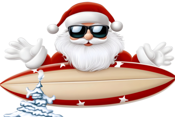 Cartoon Santa Claus Surfing on Transparent Background Illustration