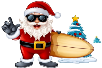 Cartoon Santa Surfing Illustration With Christmas Tree, Isolated Background, Holiday Graphic Design, Fun Character