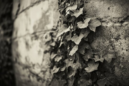 Ivy leaves climbing a weathered brick wall, a monochrome study of nature's tenacity.