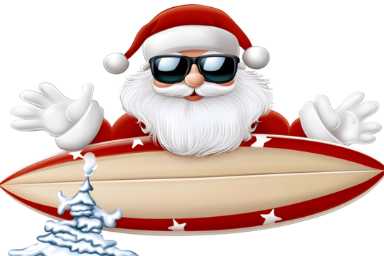 Cartoon Santa Claus Surfing on Transparent Background Illustration