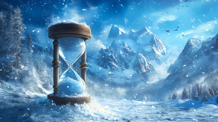Hourglass represents time life. [Frozen Time] | Polar Clockscape | frozen panorama. Illustration
