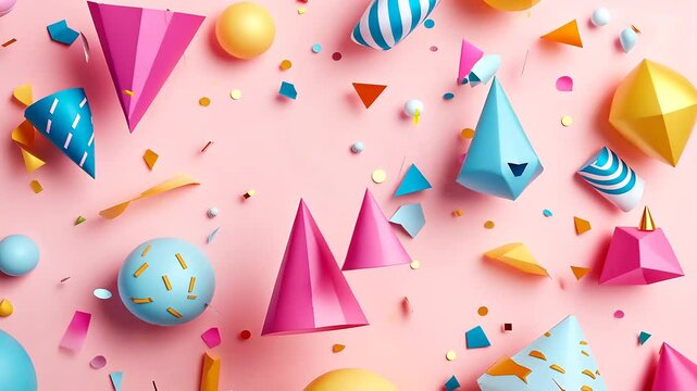 Colorful party decorations scattered on pink background