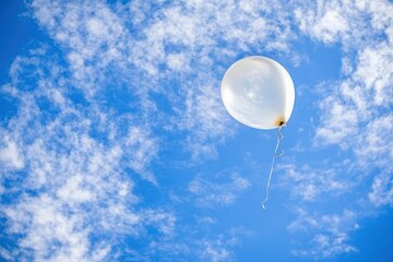 White balloon soaring in a vibrant blue sky with fluffy white clouds