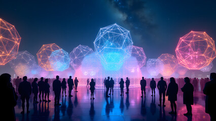 Naklejka premium Awe-inspiring fractal light installation with glowing tetrahedrons and prismatic effects. Silhouetted crowd on mirror platform under starry sky. Ultra HD futuristic wallpaper.