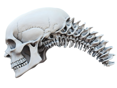 3D Detailed Anatomical Illustration Of A Human Skull And Spine, Gray Scale