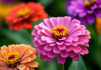 Obraz premium Vibrant zinnia blossoms in a garden