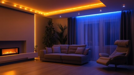 Cozy living room with ambient lighting.  Warm orange and cool blue LED strips illuminate the room's trim, creating a relaxing atmosphere.  A beige sofa and armchair are placed in front of a fireplace