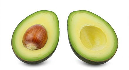 A perfectly ripe avocado cut in half, with vibrant green flesh and a large brown seed, isolated on a clean white background &mdash; high-resolution, natural lighting, minimal shadows