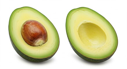 A perfectly ripe avocado cut in half, with vibrant green flesh and a large brown seed, isolated on a clean white background &mdash; high-resolution, natural lighting, minimal shadows