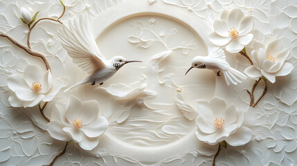 Ornate floral design with two white hummingbirds.
