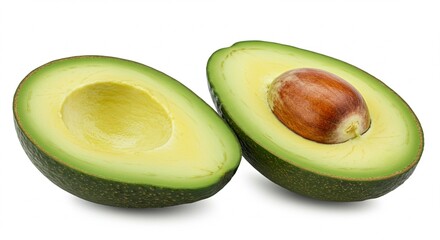 A perfectly ripe avocado cut in half, with vibrant green flesh and a large brown seed, isolated on a clean white background &mdash; high-resolution, natural lighting, minimal shadows