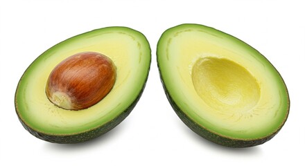 A perfectly ripe avocado cut in half, with vibrant green flesh and a large brown seed, isolated on a clean white background &mdash; high-resolution, natural lighting, minimal shadows