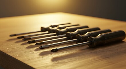Closeup Shot of a Set of Screwdrivers Arranged on a Wooden Surface,Illuminated by Warm Light,Professional Tools for DIY Projects and Repairs
