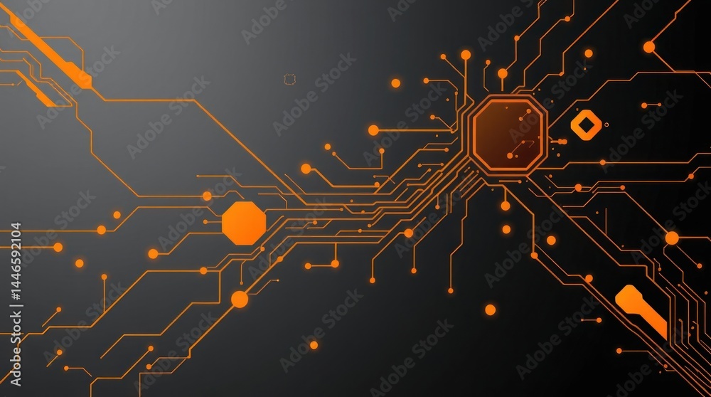 Poster abstract digital circuit board design with glowing orange lines and nodes on a dark background