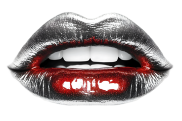 Close Up Realistic Metallic Silver Lips With Red Gloss Illustration