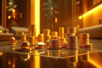 Financial Tower. Stacks of shiny gold coins and bars placed on reflective glass table, symbolizing wealth accumulation and financial investment, perfect for banking, economics, business contexts, wit