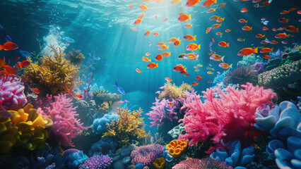 Fototapeta premium Colorful tropical fish swimming near vibrant coral reef underwater