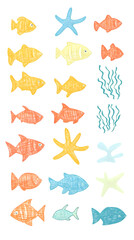 Colorful Fish And Starfish Illustration With Transparent Background