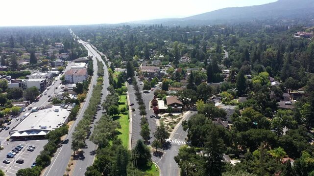 Daytime view of a historic church and cityscape of downtown Los Altos, California, USA.