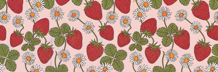 Strawberry and Daisies Floral Pattern with Red Berries and Green Leaves on Pink Background - Nature Illustration for Spring Wallpaper and Kitchen Decor