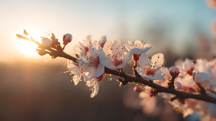 Beautiful spring blossom tree branch with white flowers against sunset sky nature photography