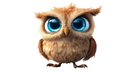 Fototapeta premium Cute Cartoon Owl with Big Blue Eyes and Brown Feathers Isolated on White Background in Whimsical Style