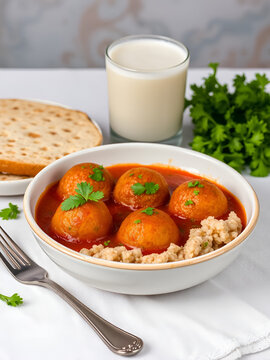 Traditional Turkish food - fellah koftes, polpettes from bulgur and semolina in tomato sauce with parsley and ayran. Middle eastern food concept.