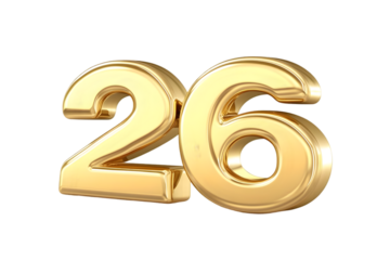 3D Gold Number 26 Illustration with Transparent Background