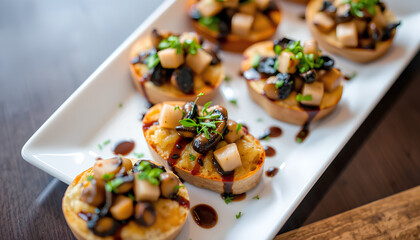 Gourmet mushroom bruschetta with balsamic glaze and micro herbs, plated with precision on a rectangular dish 2