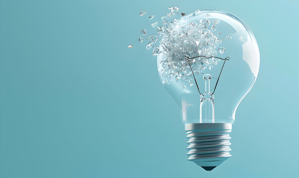 A lightbulb shattering into pieces, against a calming light blue backdrop. Idea imploding, innovation explosion