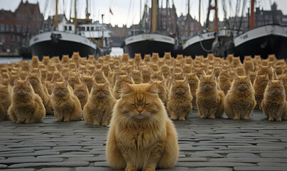 A multitude of fluffy ginger cats congregate along cobblestone quay. Vintage boats are moored in the harbour
