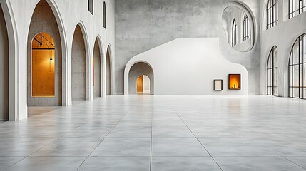 Fototapeta premium Modern art gallery with arched windows, light, and minimalist design