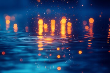 Glowing sparks reflect on dark water, night scene, abstract background, ideal for fantasy or tech designs