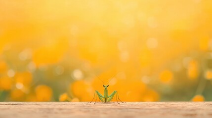Praying Mantis in Golden Hour, Close up of a praying mantis on a wooden surface with a blurred golden background.
