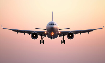 Airplane in flight, centered, lights on, against a gradient sky. Clear sky and no clouds