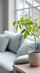 Smart sustainable homes with indoor aquaponic garden next to cozy sofa