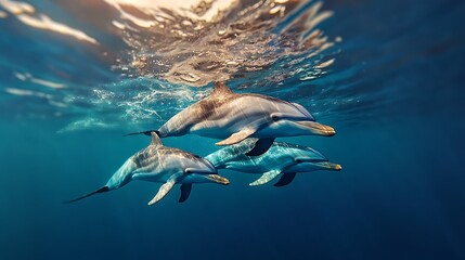 Underwater view of three dolphins swimming in clear, blue ocean