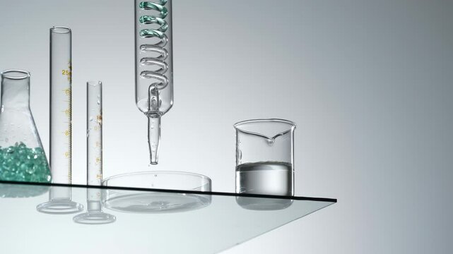 Green liquid slowly flows drop through a spiral pipe, reagent into the glassware near test tube. White background. Liquid purification in the laboratory science technology