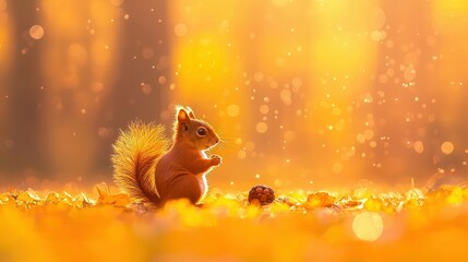 Cute Squirrel in Autumn Sunlight, Adorable red squirrel amidst golden autumn leaves.