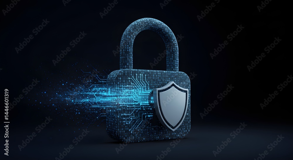 Poster digital padlock with shield and circuit board design on a dark background for data security concept