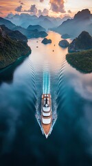 Luxurious yacht sailing through a serene, tropical fjord