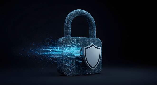 Digital padlock with shield and circuit board design on a dark background for data security concept