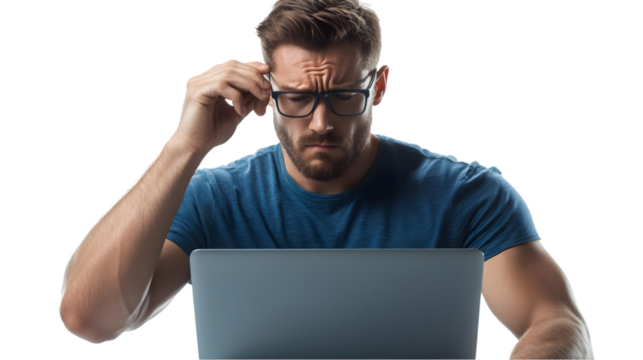 Confused Man Looking At Laptop - Isolated Photo