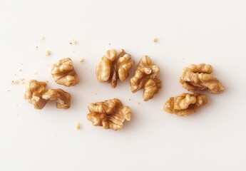 Obraz premium Shelled walnuts scattered on white background