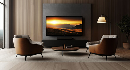 The left side of the screen shows an oversized wall with sleek, flat-screen TV displaying a colorful landscape