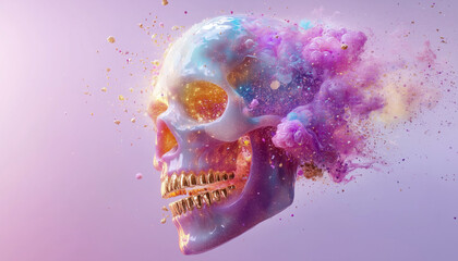 A skull made of colorful jelly, exploding with particles and glitter against a soft purple background. The head is adorned in gold, adding to the overall surreal effect