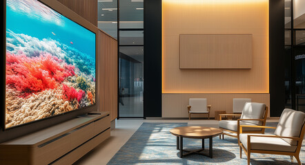 The left side of the screen shows an oversized wall with sleek, flat-screen TV displaying a colorful landscape