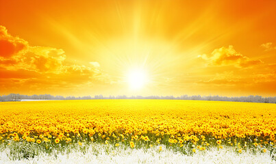 Bright sun shines over sunflowers in a field under a cloudy orange sky, creating a warm and vibrant scene