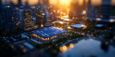 Futuristic urban landscape with solar panel building at golden hour